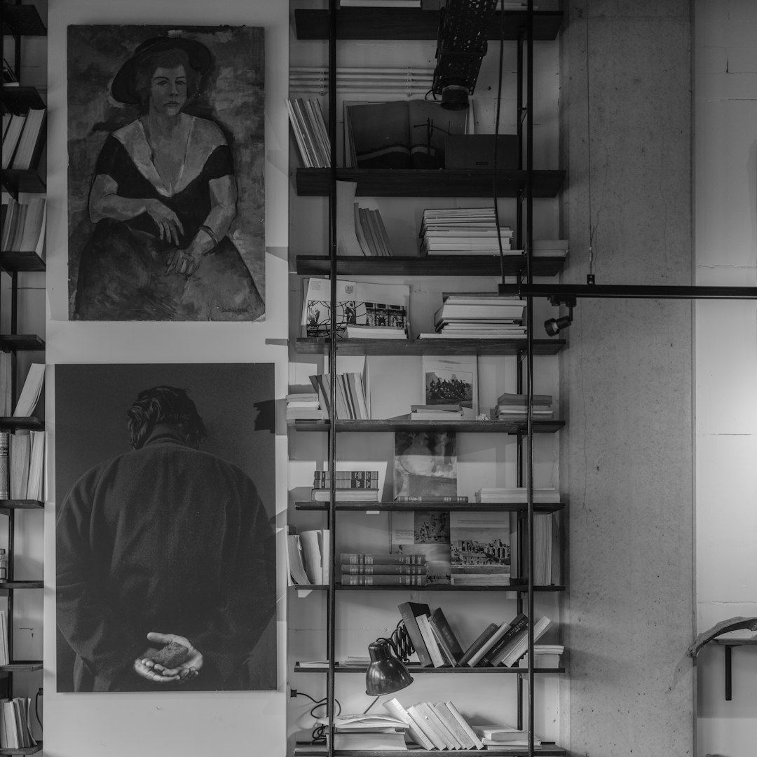 Bookshelves with paintings and various books