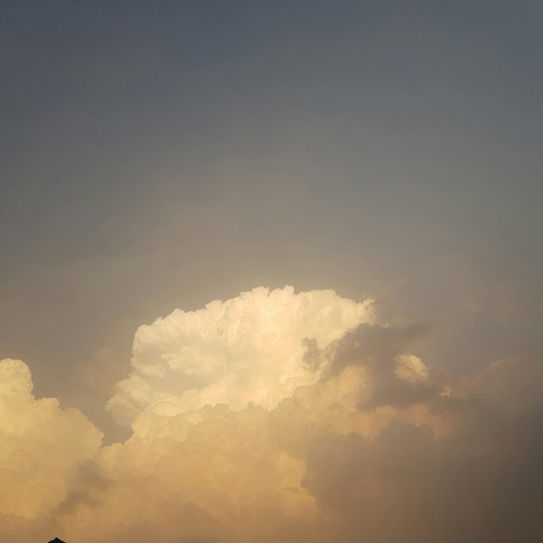 A plane flying in the sky with clouds in the background