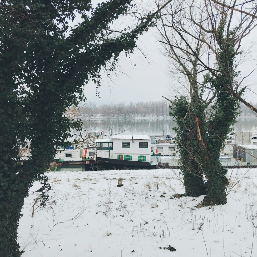 Boats docked on a riverbank in winter snow