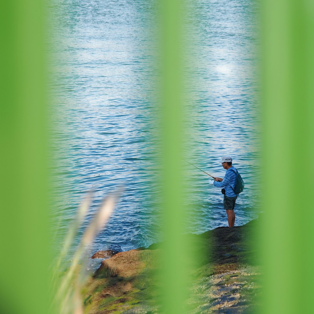 Man fishing by blue water through green foreground elements
