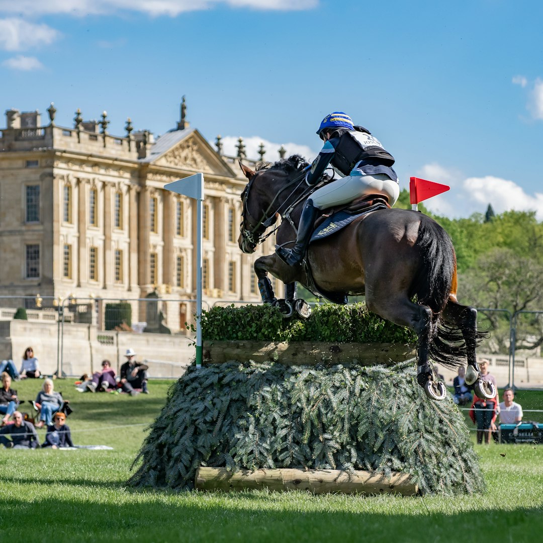 Equestrian event: horse and rider jump obstacle near stately home