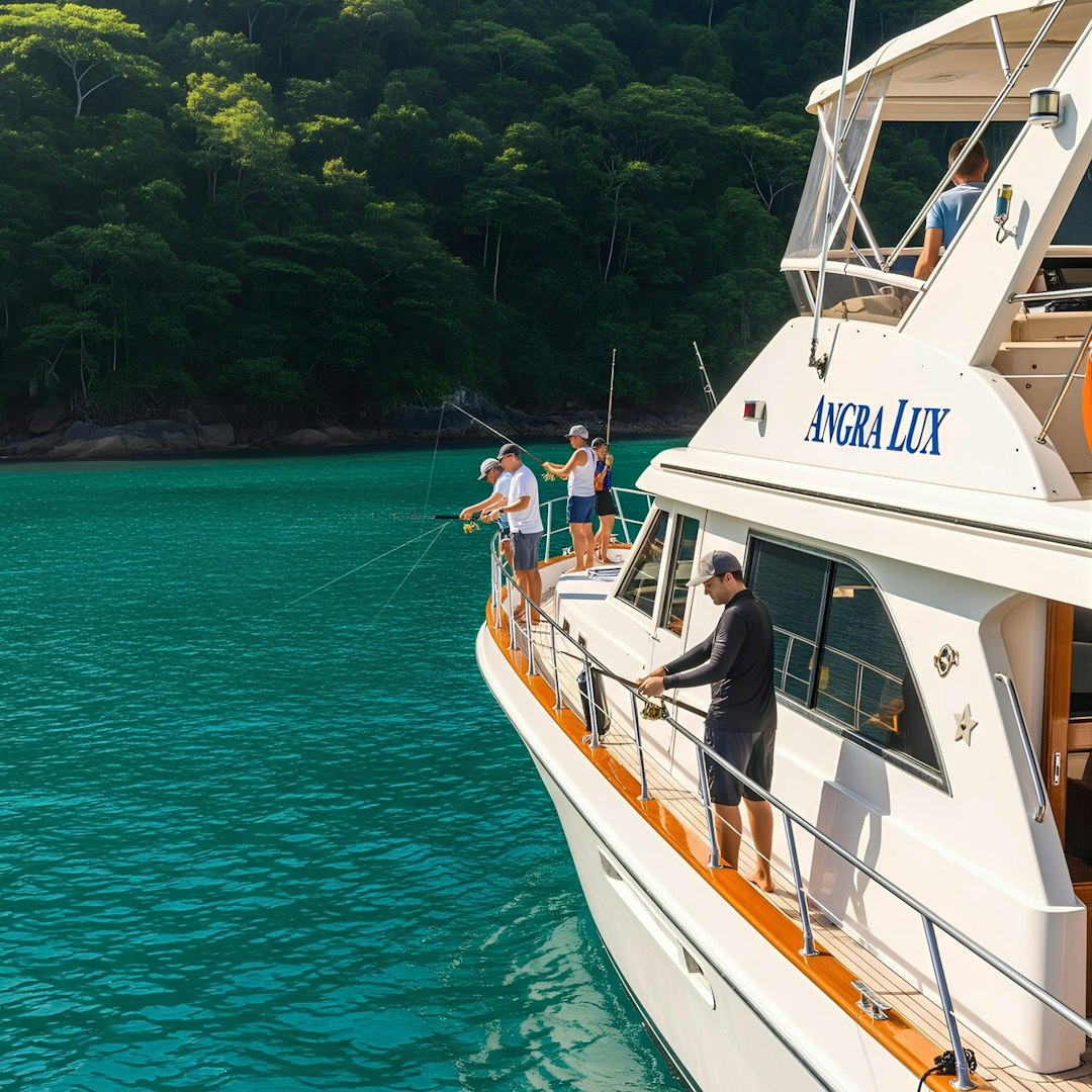 People fish off a yacht in beautiful waters