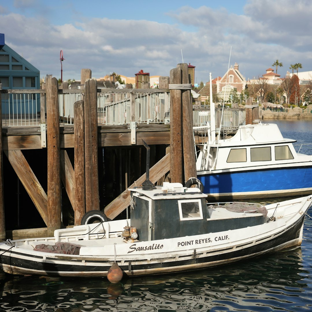 Two boats docked at a wooden pier with buildings behind